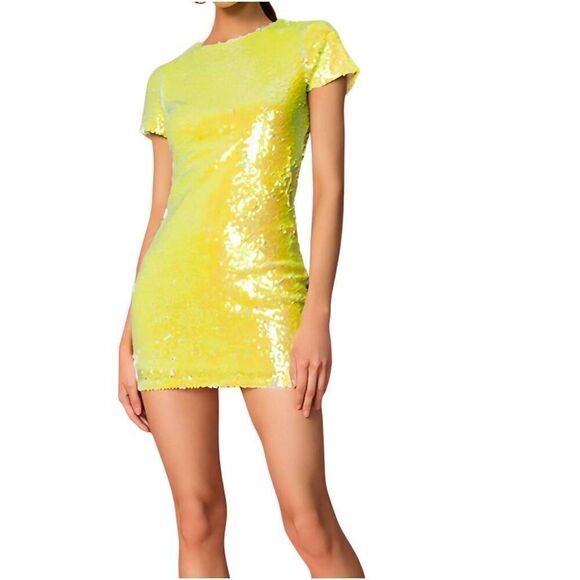 Revolve Superdown Mindi Mini Dress in Neon Yellow white iridescent open back XS - Picture 1 of 12
